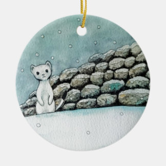 Ermine i snön julgransprydnad keramik