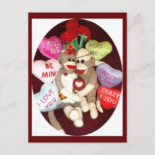 Ernie Sock monkey Hearts Valentine Postcard Helg Vykort