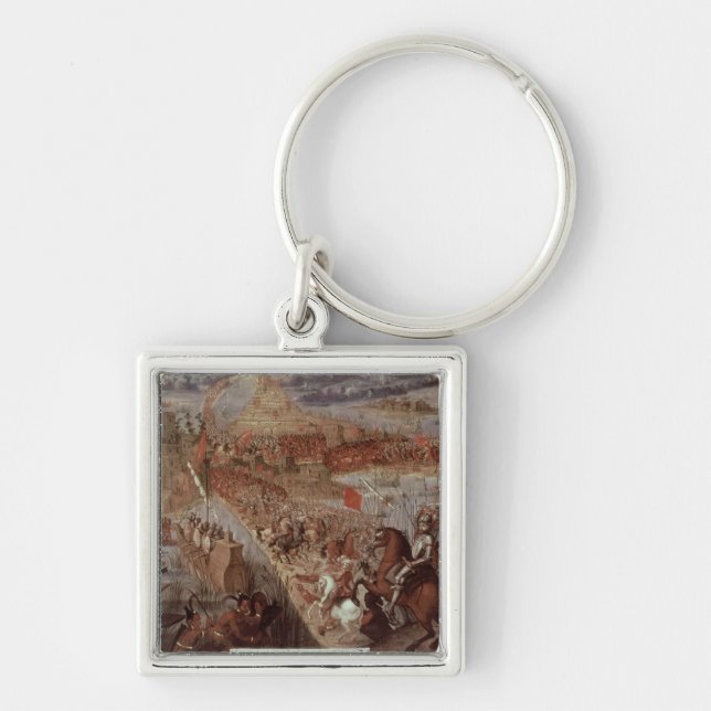 Erövringen av Tenochtitlan Fyrkantig Silverfärgad Nyckelring (Framsidan)