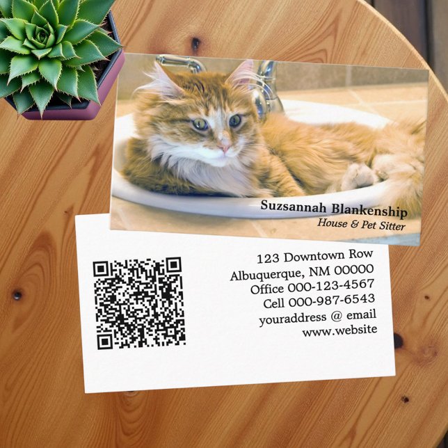 Ersättningsbar praktisk katt i länkfoto och QR-kod Visitkort (Business card template with replaceable front photo and QR code on back)