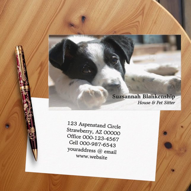 Ersättningsbart foto för Cute Black & White Puppy Visitkort (Business card replaceable photo and template)