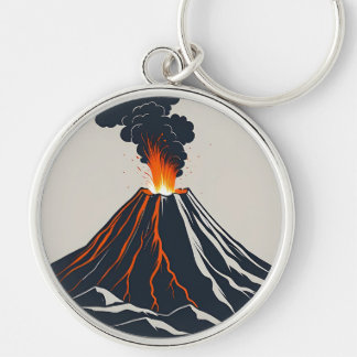 Erupting Volcano Modern Art Illustration Rund Silverfärgad Nyckelring
