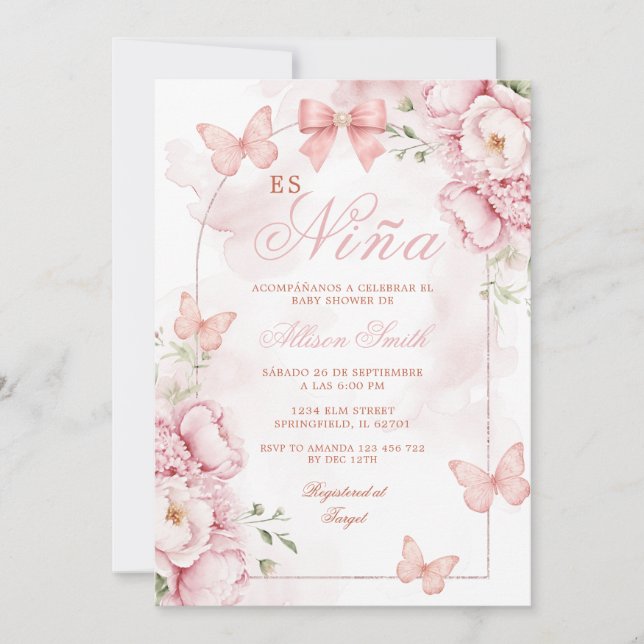 Es Nina Rosa Fjäril Baby Shower Inbjudningar (Framsida)