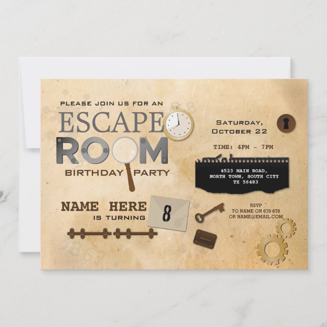 Escape Room Födelsedagsfest Clues Photo Spy Inbjudningar (Framsida)