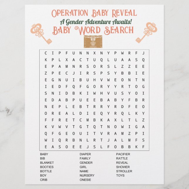 Escape Room Gender Reveal Baby Ord Search Reklamblad (Framsidan)
