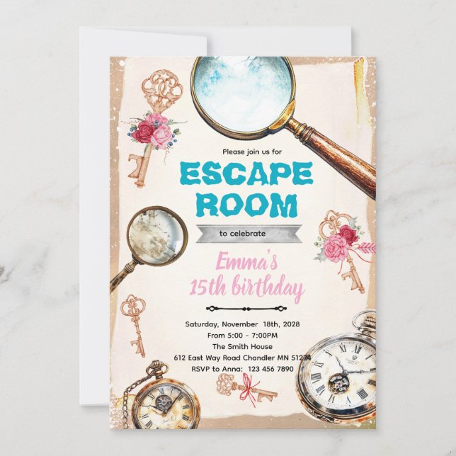 Escape room girl party invitation inbjudningar (Framsida)