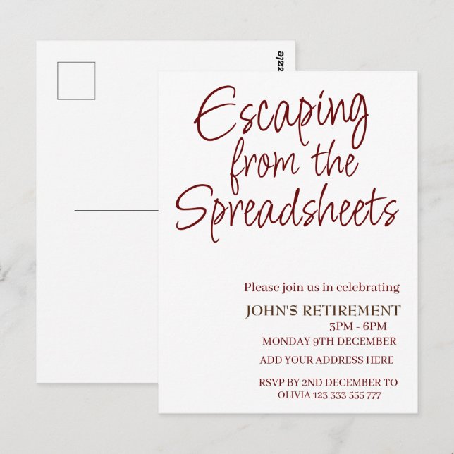 Escaping från kalkylbladen Funny Pension Vykort (Fram/baksida)