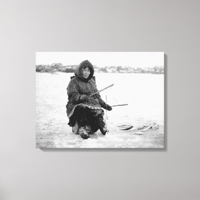 Eskimo Ice Fishing in Nome, Alaska Photograph Canvastryck (Framsida)