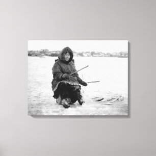 Eskimo Ice Fishing in Nome, Alaska Photograph Canvastryck