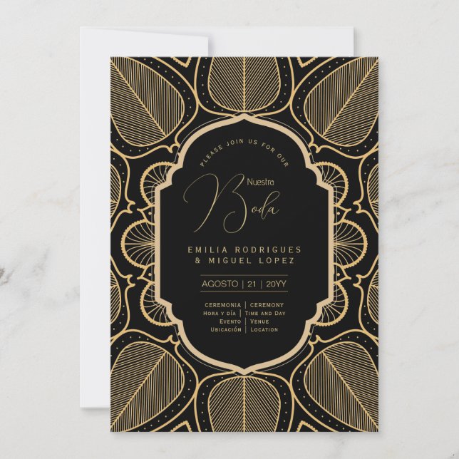Espanol Invación Boda Elegant Black Guld Bröllop Inbjudningar (Framsida)