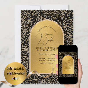 Espanol Invación Boda Elegant Black Guld Bröllop Inbjudningar