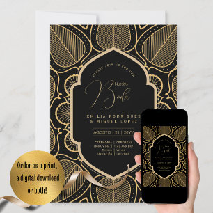 Espanol Invación Boda Elegant Black Guld Bröllop Inbjudningar