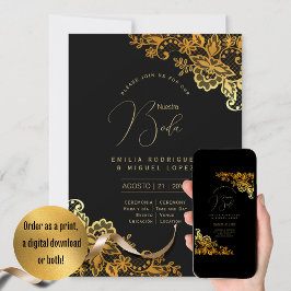 Espanol Invación Boda Elegant Black Guld Bröllop Inbjudningar