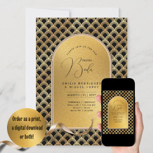 Espanol Invación Boda Elegant Black Guld Bröllop Inbjudningar