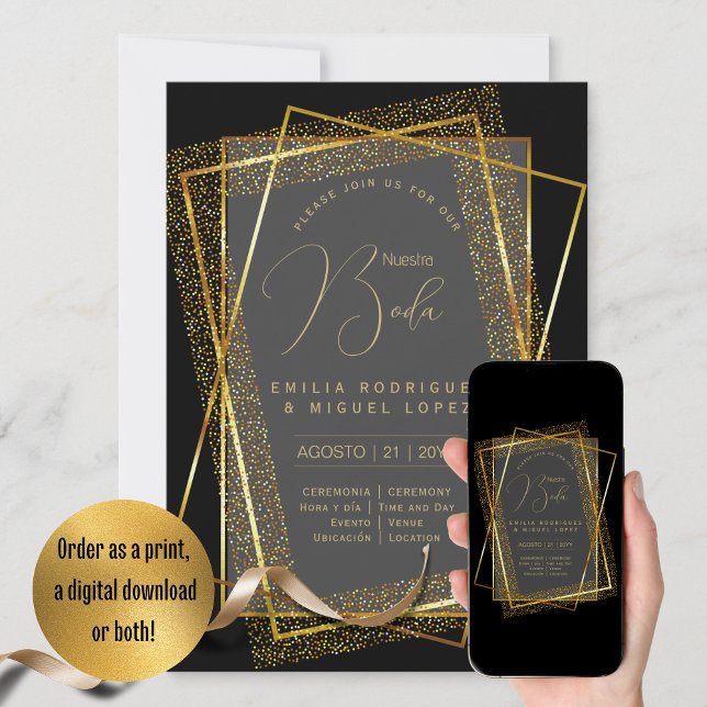 Espanol Invación Boda Elegant Black Guld Bröllop Inbjudningar (Skapare uppladdad)