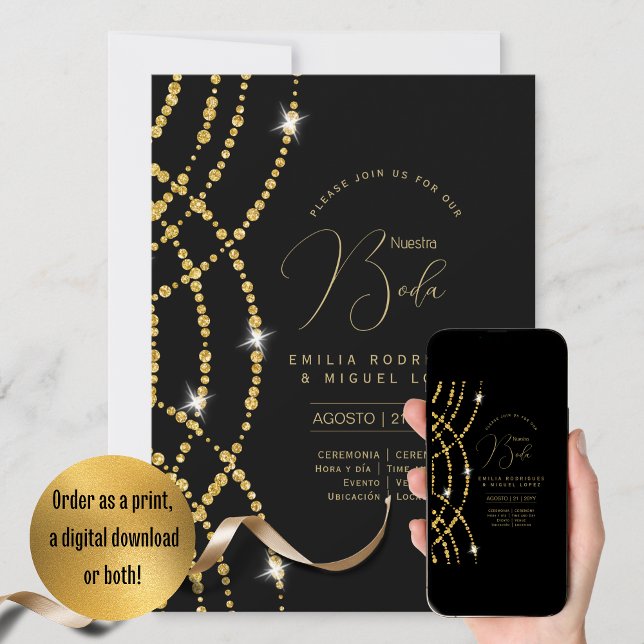 Espanol Invación Boda Elegant Black Guld Bröllop Inbjudningar (Skapare uppladdad)