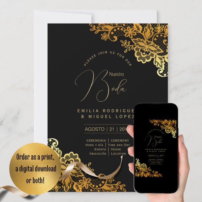 Espanol Invación Boda Elegant Black Guld Bröllop Inbjudningar (Skapare uppladdad)