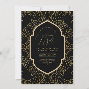 Espanol Invación Boda Elegant Black Guld Bröllop Inbjudningar