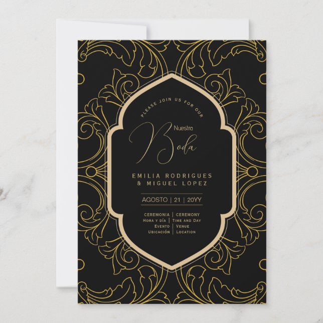 Espanol Invación Boda Elegant Black Guld Bröllop Inbjudningar (Framsida)