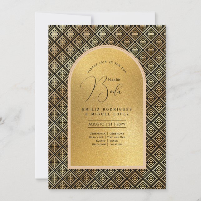 Espanol Invación Boda Elegant Black Guld Bröllop Inbjudningar (Framsida)