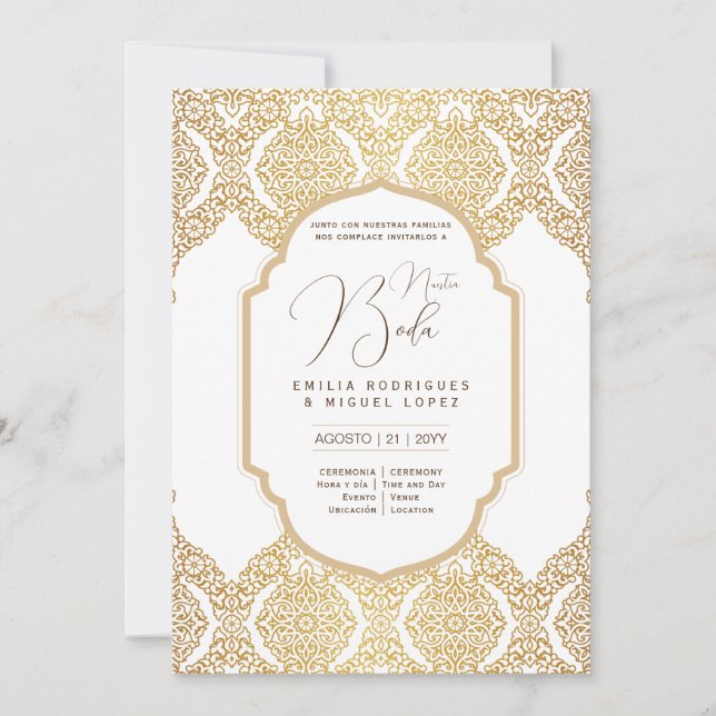 Espanol Invación Boda Elegant White Guld Ornate Inbjudningar (Framsida)