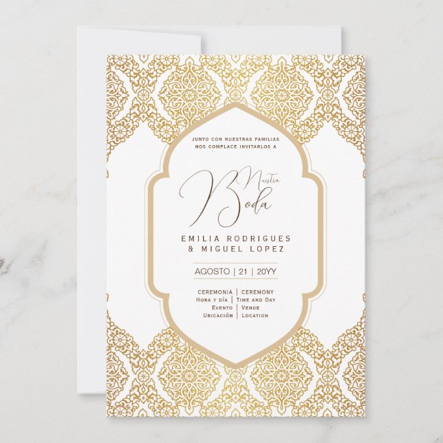Espanol Invación Boda Elegant White Guld Ornate Inbjudningar (Framsida)
