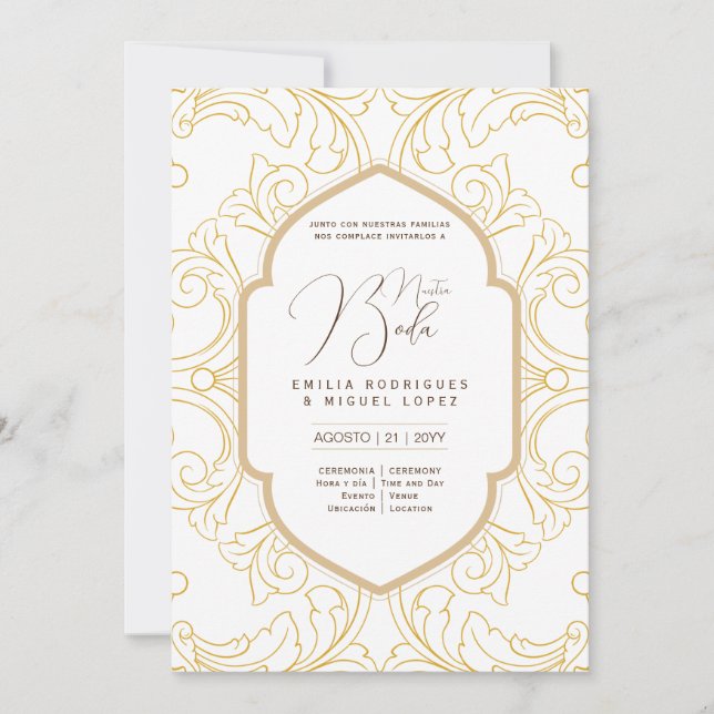 Espanol Invación Boda Elegant White Guld Ornate Inbjudningar (Framsida)