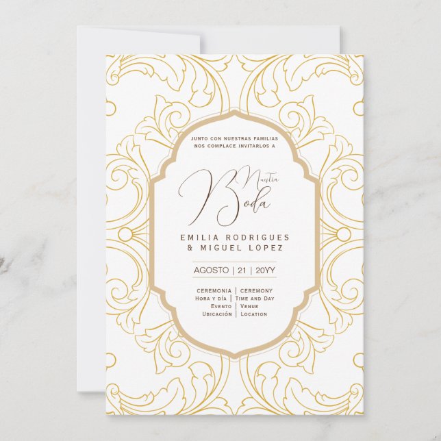 Espanol Invación Boda Elegant White Guld Ornate Inbjudningar (Framsida)