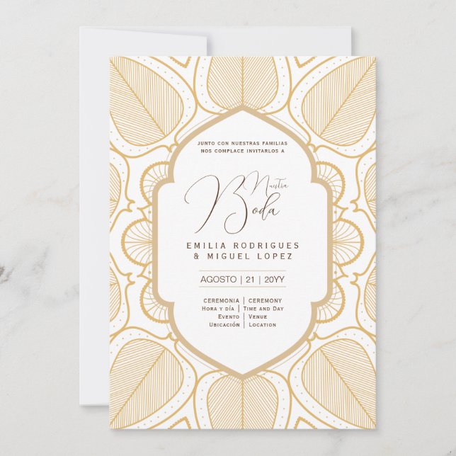 Espanol Invación Boda Elegant White Guld Ornate Inbjudningar (Framsida)