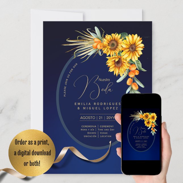 Espanol Invación Boda Rustic Blue Sunblommor Inv. Inbjudningar (Skapare uppladdad)