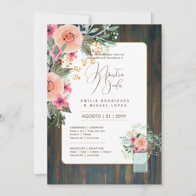 Espanol Invación de Boda Blommigt Bröllop Rustic I Inbjudningar (Framsida)