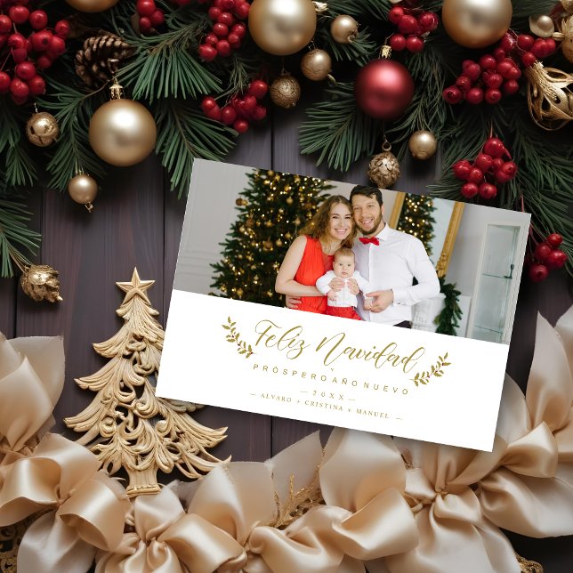 Español Moderna Tipografía Feliz Navidad Foto (Photo Modern Stylish Spanish Feliz Navidad Quote Holiday Cards with Minimalist Christmas Holly.)
