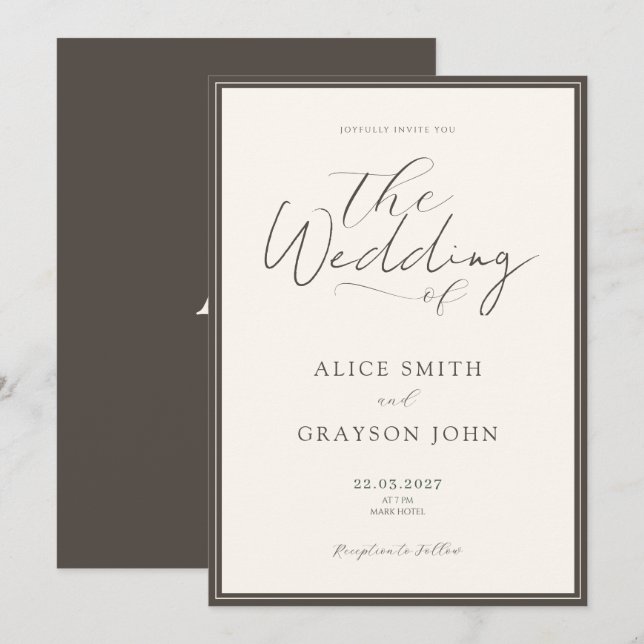 Espresso Beige Script Classic Minimalist Wedding  Inbjudningar (Fram/baksida)