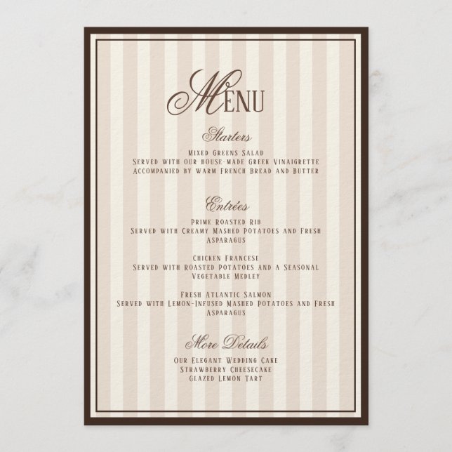 Espresso Cappuccino Striped Wedding Menu  Card Inbjudningar (Framsida)