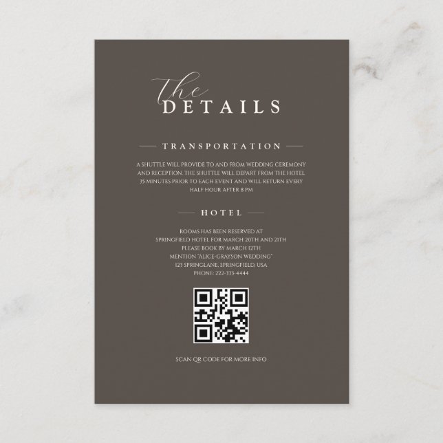 Espresso Classic Minimalist Wedding QR Details Tilläggskort (Framsida)