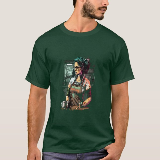 Espresso Coffee Lover 80s Retrowave Barista Girl v T Shirt (Framsida)