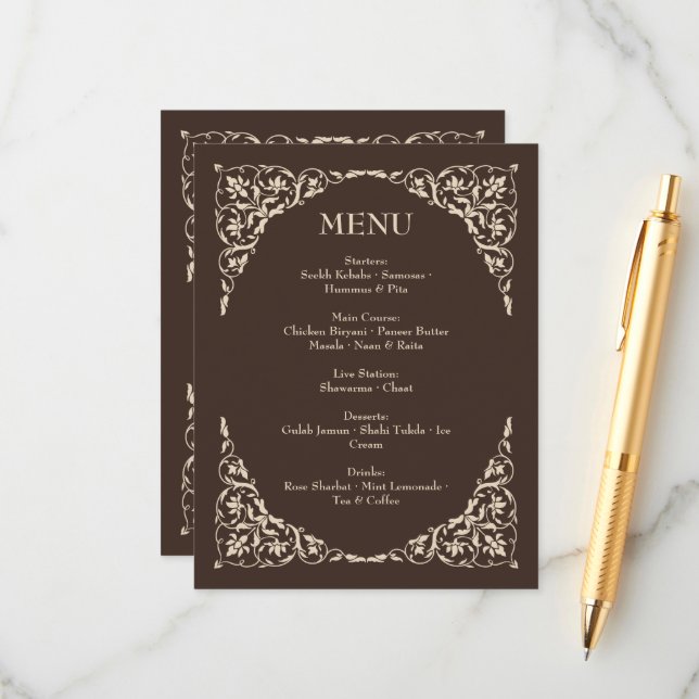 Espresso Luxe Brown and Beige Wedding Menu Tilläggskort (Fram/Back In Situ)