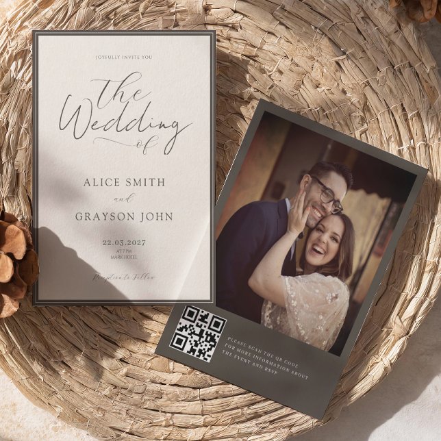 Espresso Photo Back QR Classic Minimalist Wedding  Inbjudningar (Skapare uppladdad)