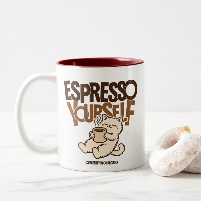 Espresso Själv Söt Kaffe Katt – Rolig Koffein Två-Tonad Mugg (Med munk)