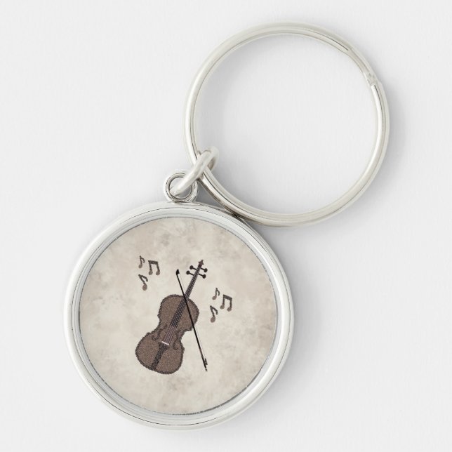 Espresso Violino-Violin skapat med kaffebönor- Rund Silverfärgad Nyckelring (Framsidan)
