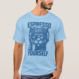 "Espresso Yourself" Cool Cat with Coffee, Beanie T Shirt
