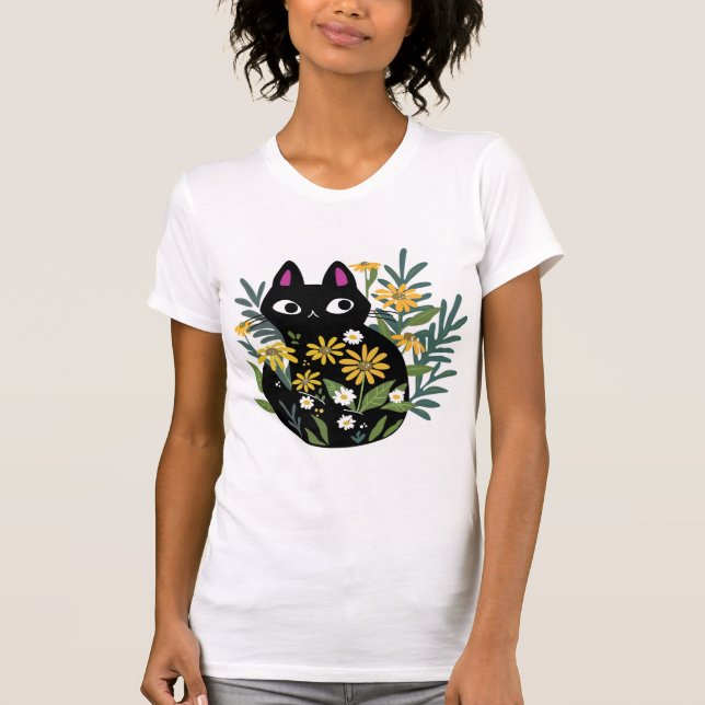 Essential T-Shirt, svart katt med blommor designad T Shirt (Framsida)