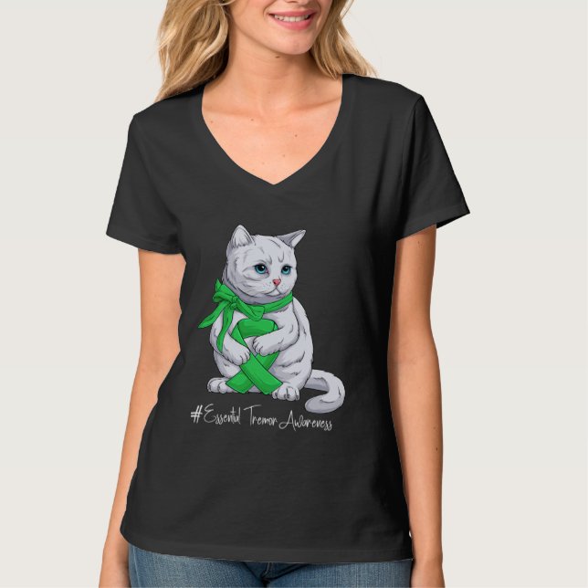 Essential Tremor Awareness Month Green Ribbon Cat T Shirt (Framsida)