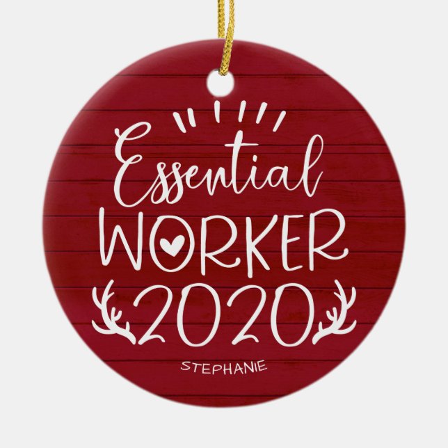 Essential Worker 2020 Covid jul Red Wood Julgransprydnad Keramik (Framsidan)