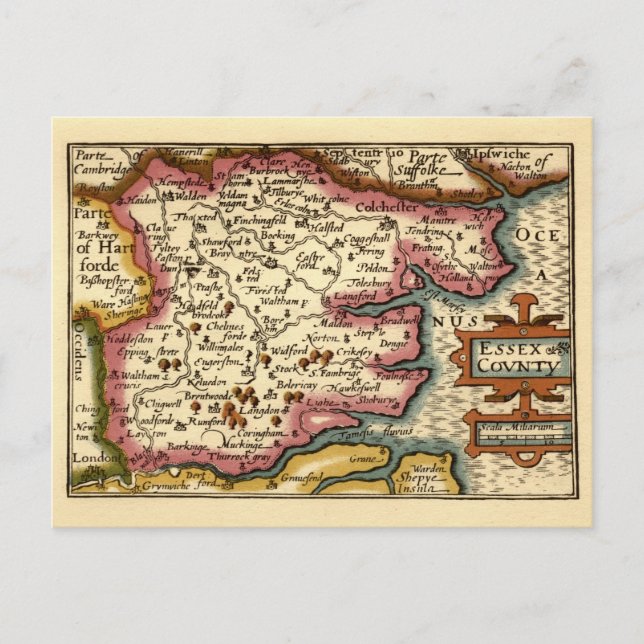 Essex County England Old Antiquarian Atlas Karta Vykort (Framsida)