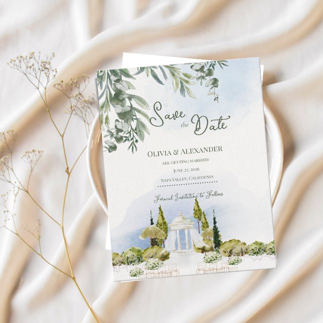 Estate Pavilion Trädgård Bröllop Förhandsinbjudan Meddelande (Estate Garden Pavilion Save the Date | Watercolor Outdoor Wedding Gazebo Announcement)