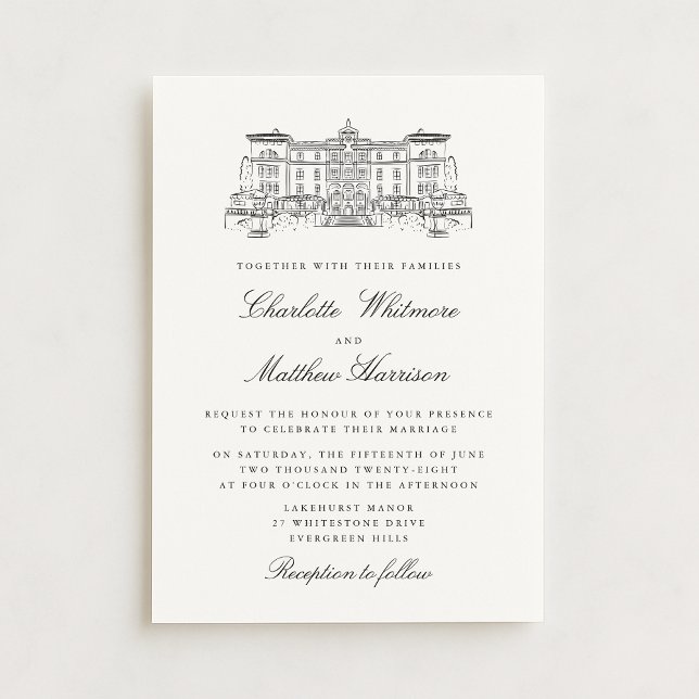 Estate Venue Sketch Classic Wedding Invitation Inbjudningar (Skapare uppladdad)