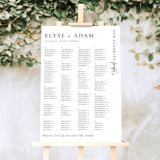 Estelle Modern Minimal Alfabetisk sittning Poster (Alphabetical Seating Chart Favourite People Estelle )