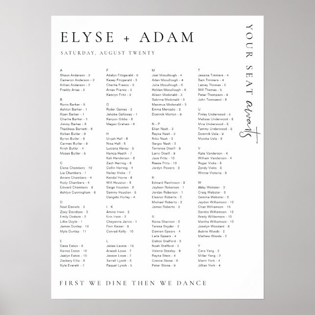 Estelle Modern Minimal Alfabetisk Sittplatsposter Poster (Framsidan)