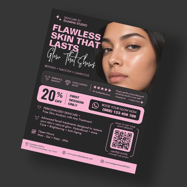 Estetiker Glow Hudvård Estetisk Rosa Svart Flygblad (Esthetician Glow Skincare Aesthetic Pink Black Flyer
)